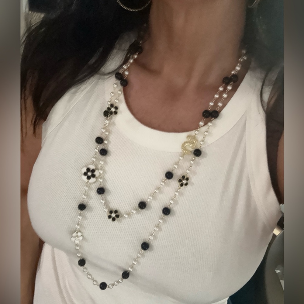Faux pearl 5 black white flower beaded trendy long necklace fashion jewelry new